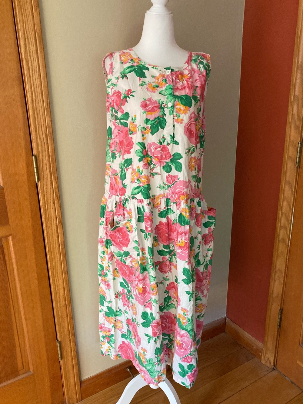 Vintage 80s 90s Handmade Rose Floral Dress Size Medium Cottagecore Pockets